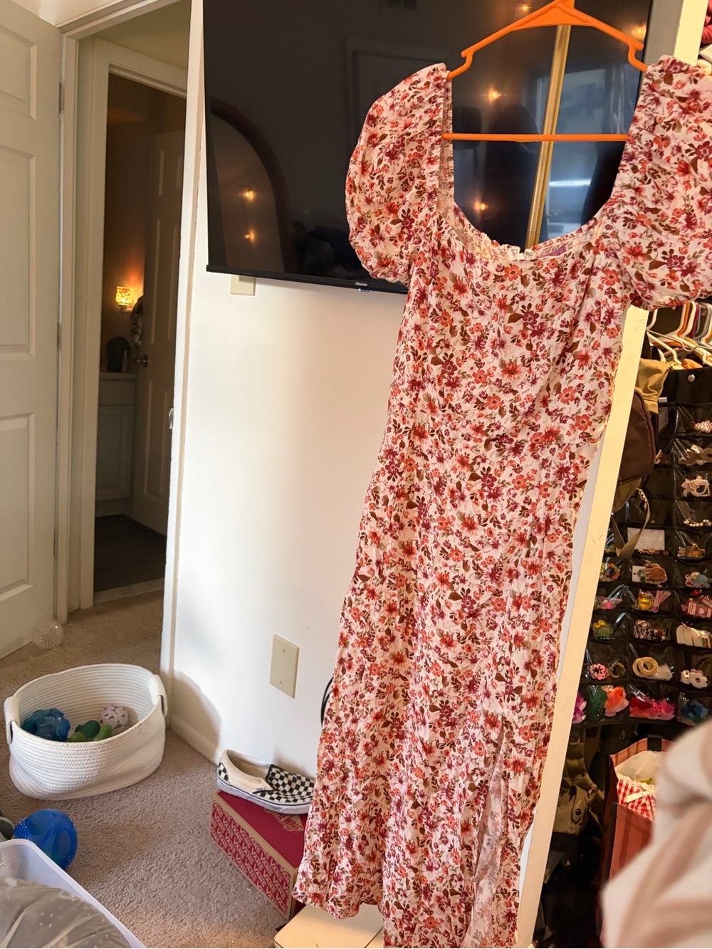 Francesca's Collections Pink Floral Puff-Sleeve Maxi Dress